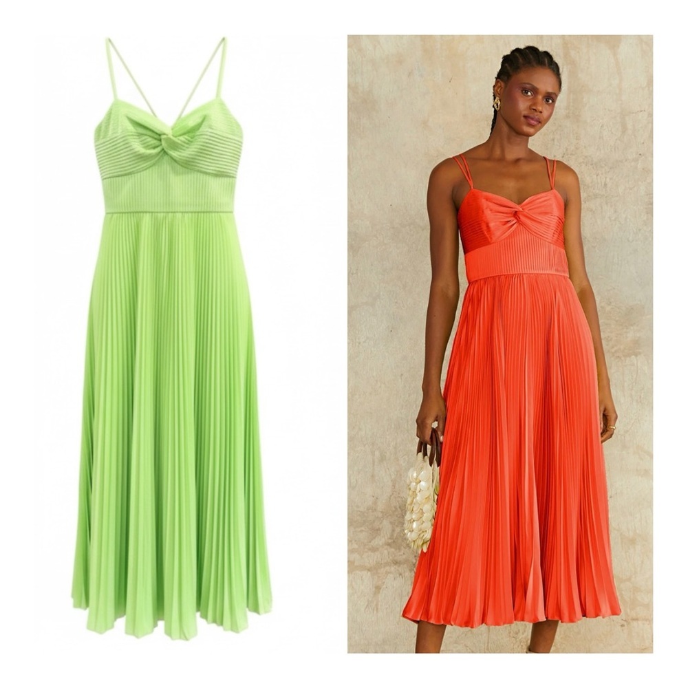 AMUR Krisley Pleated Satin Lime Green Midi Dress